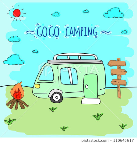 Camping hand drawn doodle vector illustration. Camping concept. 110645617