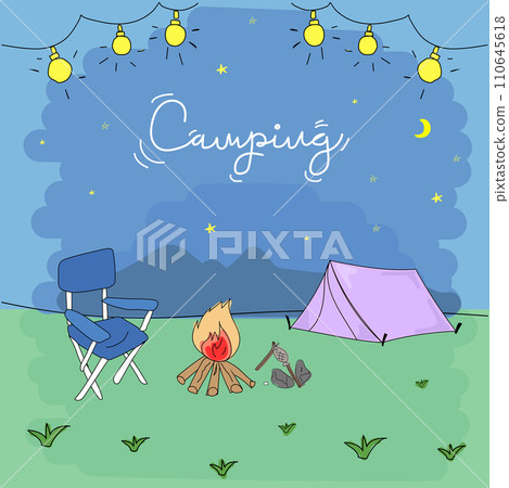 Camping hand drawn doodle vector illustration. Camping concept. 110645618