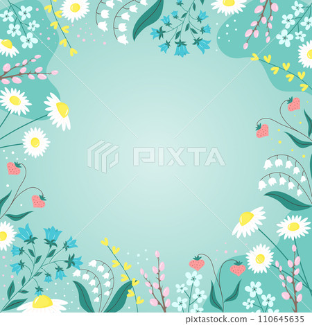 Spring background with flowers and leaves, plants and berries.  110645635