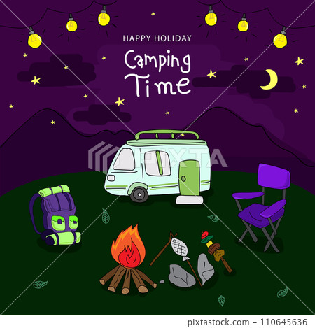 Camping hand drawn doodle vector illustration. Camping concept. 110645636