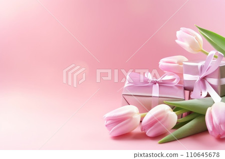 pink tulips and gifts on pink background 110645678