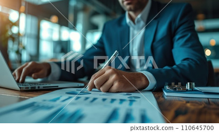 Elegantly dressed executive analyzing charts, showcasing expertise and precision in financial decision-making Elegantly dressed executive analyzing charts, showcasing expertise and precision in financial decision-making 110645700