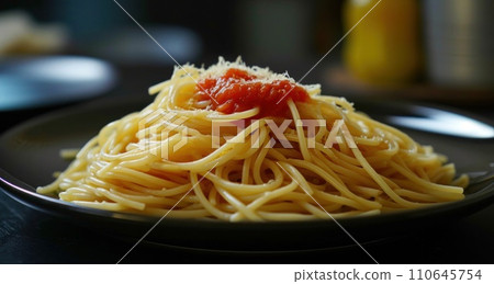 some spaghetti on a plate on a dark background some spaghetti on a plate on a dark background 110645754