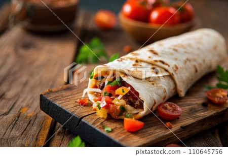 wrap is laying on board next to tomato wrap is laying on board next to tomato 110645756