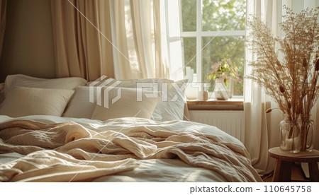 the bed is in a calm and neutral color, in the style of poetic and atmospheric style the bed is in a calm and neutral color, in the style of poetic and atmospheric style 110645758