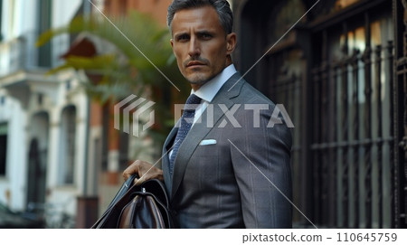 Suited executive gracefully multitasks, proving elegance thrives even in bustling urban environments Suited executive gracefully multitasks, proving elegance thrives even in bustling urban environments 110645759