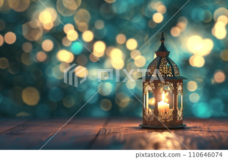 golden lantern with light and bokeh in the background golden lantern with light and bokeh in the background 110646074
