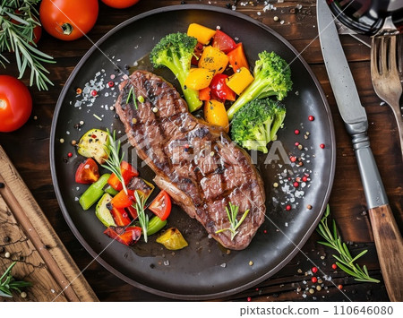 a steak in a plate with vegetables, cutlery, and sauce 110646080