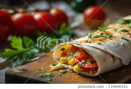 wrap is laying on board next to tomato wrap is laying on board next to tomato 110646101