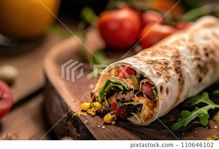 wrap is laying on board next to tomato wrap is laying on board next to tomato 110646102