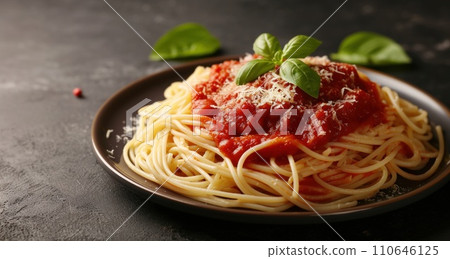 some spaghetti on a plate on a dark background 110646125