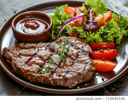steak and salad on a dining table steak and salad on a dining table 110646146