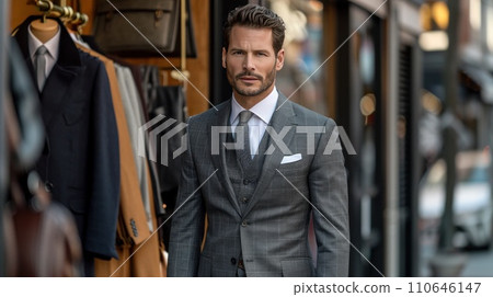 Suited executive gracefully multitasks, proving elegance thrives even in bustling urban environments Suited executive gracefully multitasks, proving elegance thrives even in bustling urban environments 110646147