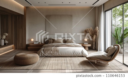 a bedroom with furniture, pillows, and a chair 110646153