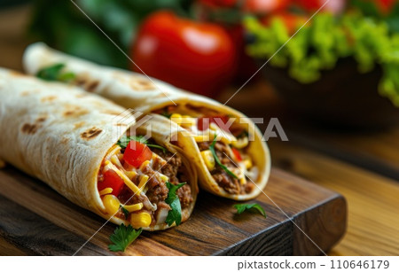 wrap is laying on board next to tomato wrap is laying on board next to tomato 110646179