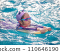 Asian child or kid girl wearing swimming suit to learning on swimming pool , learn and training swim on kick board 110646190