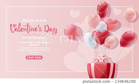 Valentine s Day Sale Banner. Background with balloons and gift box. Flyer, discount offer, advertising. The poster is perfect for a holiday promotion. 110646290