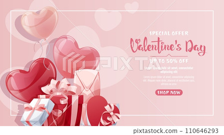 Valentine s Day Sale Banner. Background with balloons and gift box. Flyer, discount offer, advertising. The poster is perfect for a holiday promotion. Valentine s Day Sale Banner. Background with balloons and gift box. Flyer, discount offer, advertising. The poster is perfect for a holiday promotion. 110646293