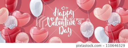 Horizontal banner with balloons. Design for Valentine s Day and Mother s Day. Background, poster with flying helium balloons in the shape of hearts. 110646329