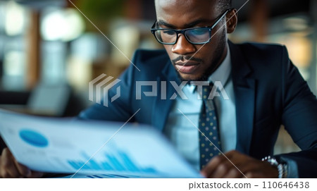 Elegantly dressed executive analyzing charts, showcasing expertise and precision in financial decision-making 110646438