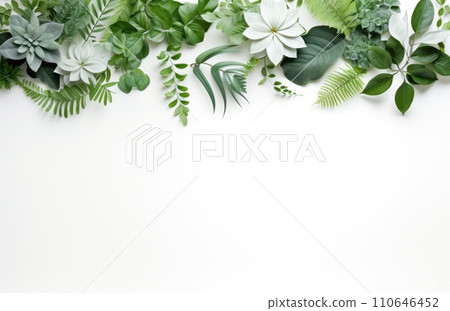 a photo of a green arrangement of leaves on a white background 110646452