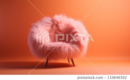 a chair with a pink fur is placed on an orange background 110646502