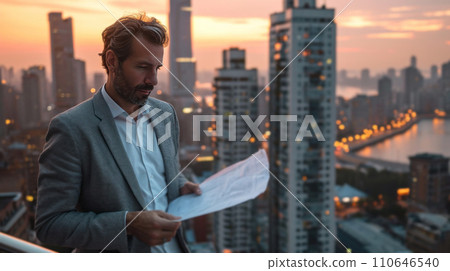 Businessman reviewing plans on a rooftop, embracing sophistication amid cityscape Businessman reviewing plans on a rooftop, embracing sophistication amid cityscape 110646540