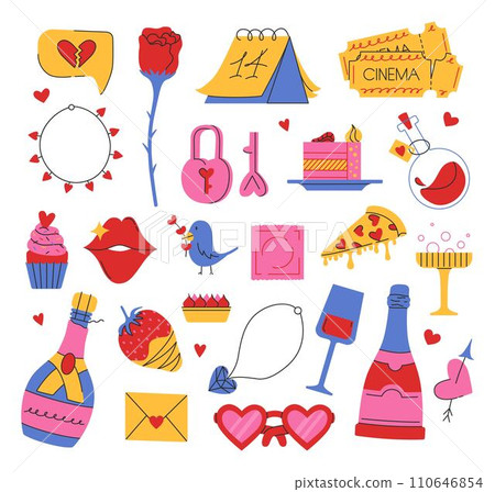 Set of Valentine's day doodle illustrations isolated on white background. Cute hand drawn elements about love. Vector collection 110646854