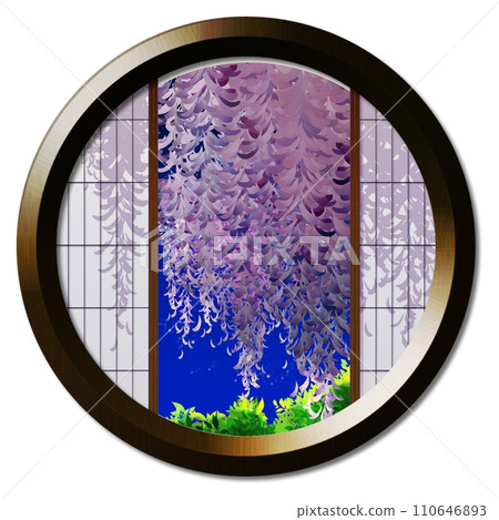 從圓窗看到的月光照亮的紫藤景觀 110646893