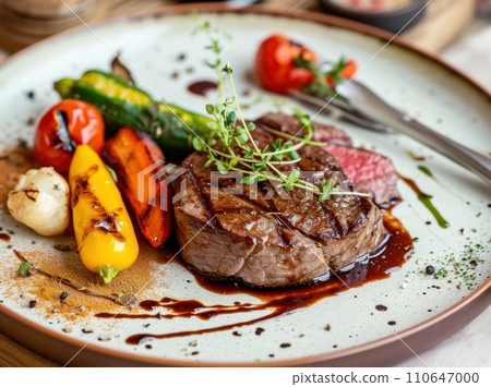 a steak in a plate with vegetables, cutlery, and sauce 110647000