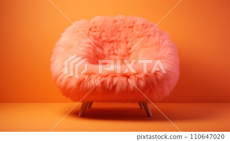 a chair with a pink fur is placed on an orange background 110647020