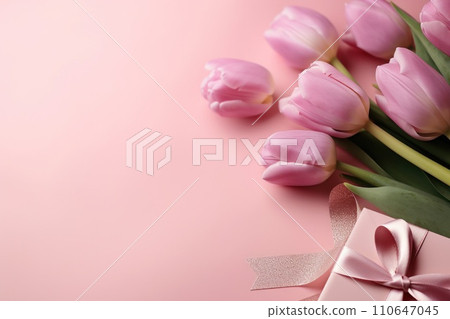 pink tulips and gifts on pink background pink tulips and gifts on pink background 110647045