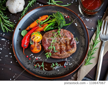 a steak in a plate with vegetables, cutlery, and sauce 110647067