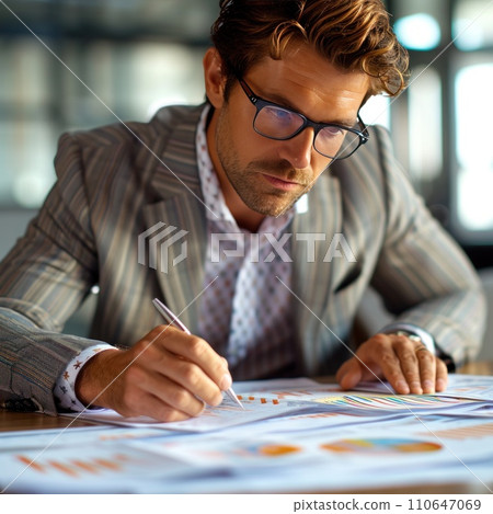 Elegantly dressed executive analyzing charts, showcasing expertise and precision in financial decision-making Elegantly dressed executive analyzing charts, showcasing expertise and precision in financial decision-making 110647069