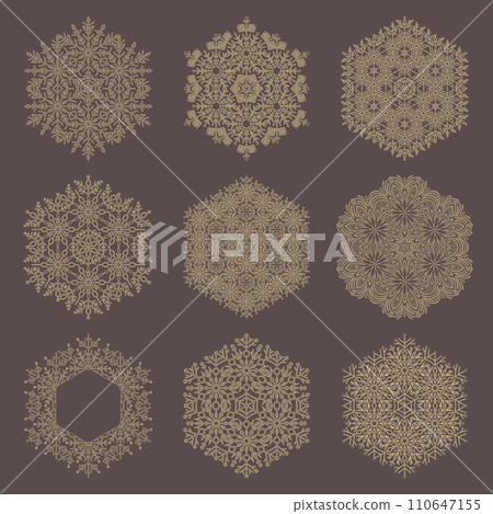 Set of Round Snowflakes With Winter Ornament. Collection of Snowflakes in Different Styles Set of Round Snowflakes With Winter Ornament. Collection of Snowflakes in Different Styles 110647155