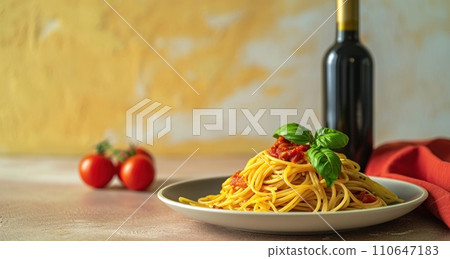 some spaghetti on a plate on a dark background some spaghetti on a plate on a dark background 110647183