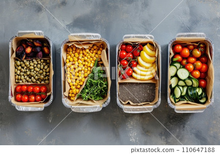 a selection of healthy food in the boxes 110647188