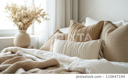 the bed is in a calm and neutral color, in the style of poetic and atmospheric style 110647194