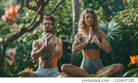 beautiful couple making yoga in summer garden 110647195