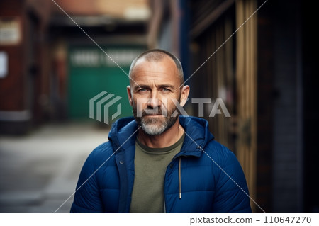 Portrait of a mature man in a blue jacket on a city street Portrait of a mature man in a blue jacket on a city street 110647270