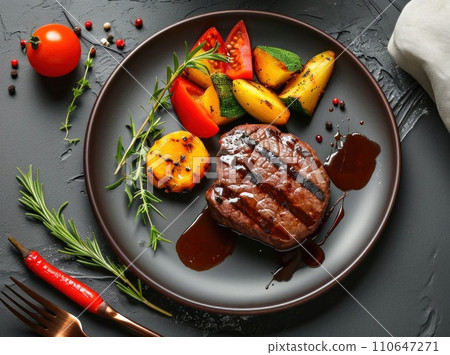 a steak in a plate with vegetables, cutlery, and sauce a steak in a plate with vegetables, cutlery, and sauce 110647271
