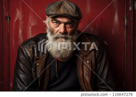 Portrait of an old man with a long white beard and a cap on a red background. Portrait of an old man with a long white beard and a cap on a red background. 110647276