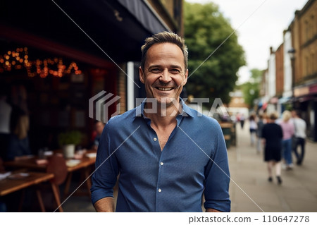 Handsome middle aged man in blue shirt smiling at camera while standing in a street cafe Handsome middle aged man in blue shirt smiling at camera while standing in a street cafe 110647278