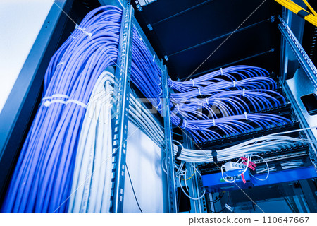 bunch of patch network cables sorted in rack cabinet, leading from patch panel in the server rack in the data center room 110647667