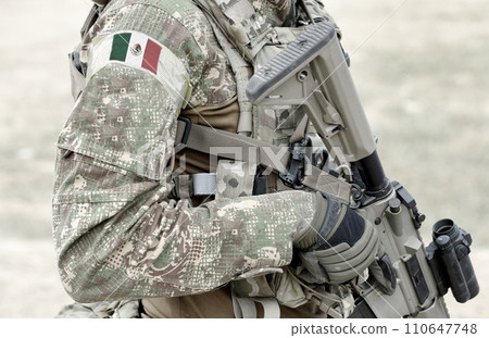 Soldier with assault rifle and flag of Mexico on military uniform. Collage. Soldier with assault rifle and flag of Mexico on military uniform. Collage. 110647748