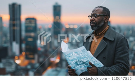 Businessman reviewing plans on a rooftop, embracing sophistication amid cityscape Businessman reviewing plans on a rooftop, embracing sophistication amid cityscape 110647835