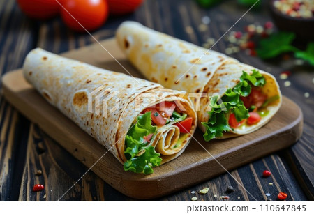 wrap is laying on board next to tomato wrap is laying on board next to tomato 110647845