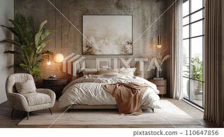 a bedroom with furniture, pillows, and a chair a bedroom with furniture, pillows, and a chair 110647856