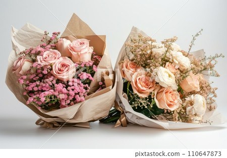 small flower bouquet and wrapping paper with flowers on white background isolated on white, 110647873