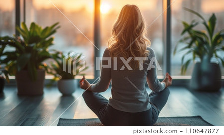 Executive engaged in a wellness routine, balancing work and health with grace 110647877